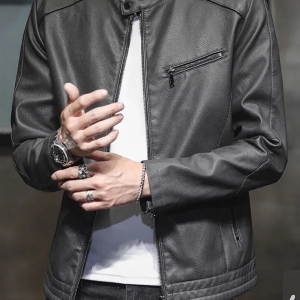 Designer Slim Fit Size Medium/Large Dark Gray Leather Jacket Fleece Lining Vegan